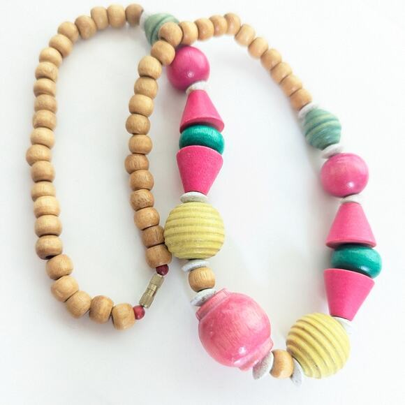 Vintage Candy Pop Wood Beaded Artsy Art To Wear Boho Style Geometric Necklace - Picture 3 of 3